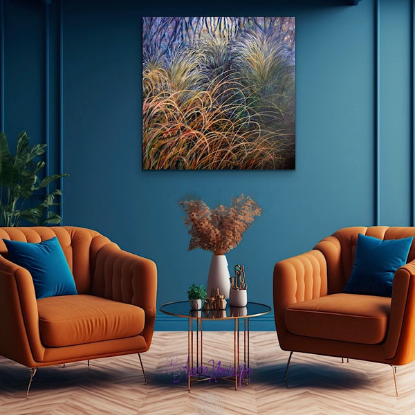 original painting of autumn grasses in a wilderness garden by anita nowinska in teal dark blue navy and green in blue and burnt orange interior decor
