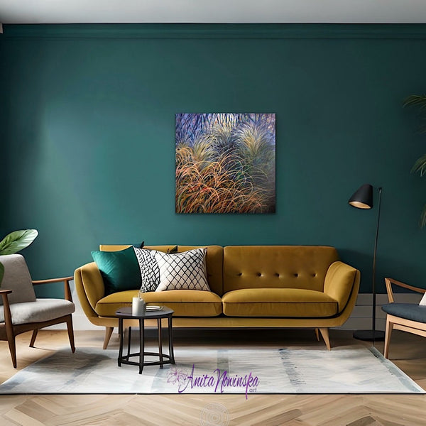 original painting of autumn grasses in a wilderness garden by anita nowinska in teal dark blue navy and green in teal & mustard interior livingg room decor