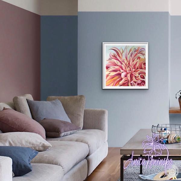 living room decor with peach labyrinth dahlia limited edition print by Anita Nowinska