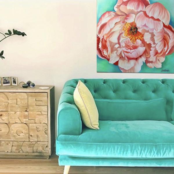 living room decor with peach  coral peony floral painting by Anita Nowinska