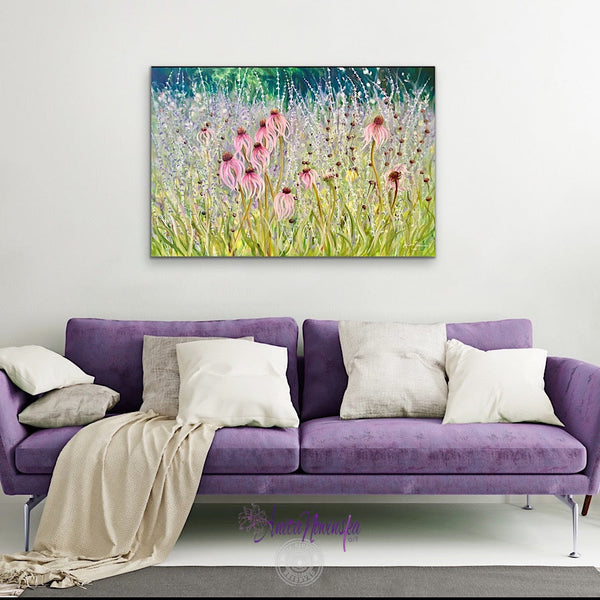 persistence- echinacea & petrovskia garden paintin pink lilac green by anita nowinska