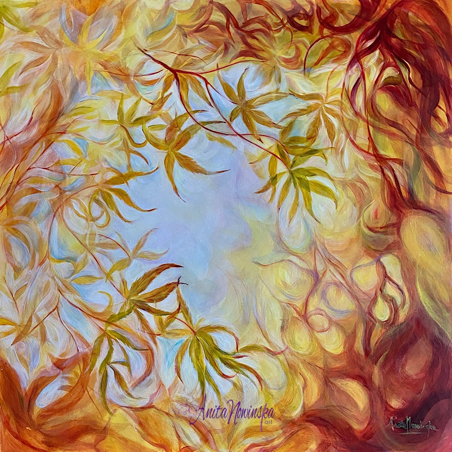 relinquish- golden autumn acer leaves original aoil painting by anita nowinska gold burntrelinquish- golden autumn acer leaves original aoil painting by anita nowinska gold burnt orange yellow tonesorange yellow tones