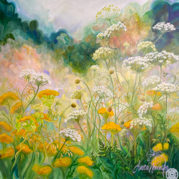 framed fine art print of replenish a wild flower garden painting by anita nowinska in yellow white blue and green tones of cow parsley and achillea