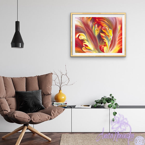 red & yellow parrot tulip flower painting by anita nowinska
