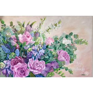 big flower painting, oil on canvas, of a Spring wedding bouquet in pinks & blues by anita nowinska