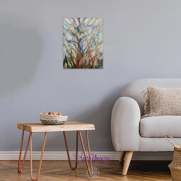 small original painting of autumn grasses on a dapped background of pale blue  by anita nowinska- warm and cool colour palette