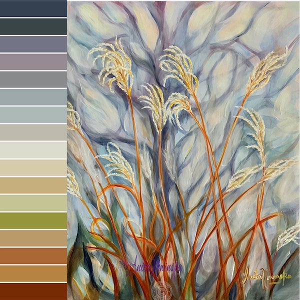 small original painting of autumn grasses on a dapped background of pale blue  by anita nowinska- warm and cool colour palette