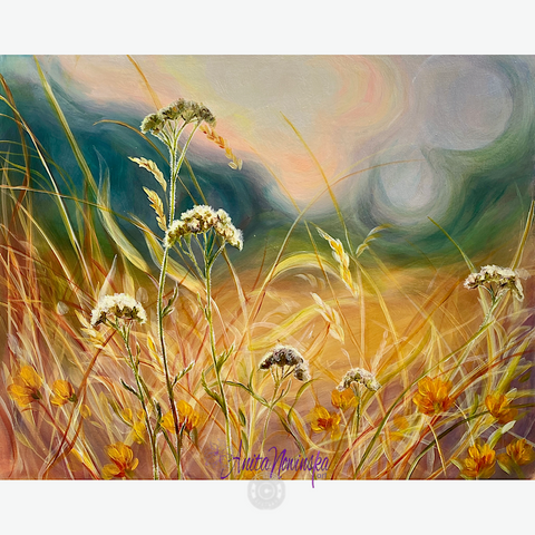 small wildflower meadow painting by Anita nowinska with teal, gold and white tones of cow parsley and trefoil