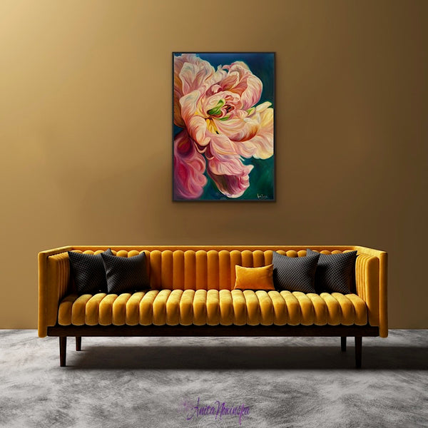 beautiful big flower painting of a le belle epoque tulip in full bloom by anita nowinska with warm gold pink and magenta tones and teal