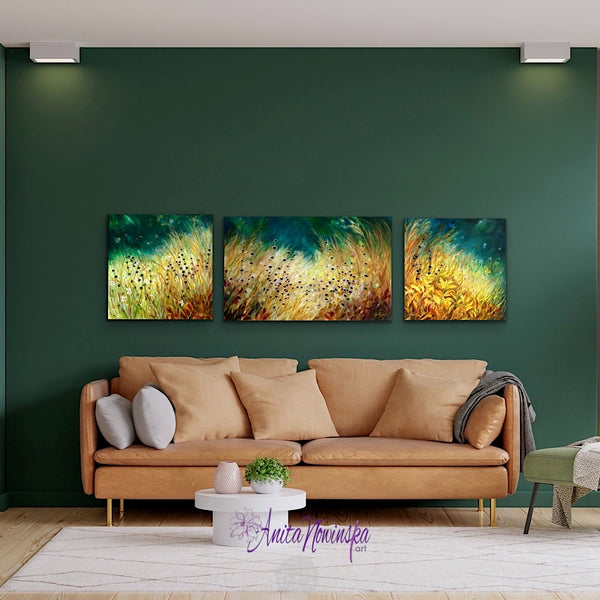 triptych of autumn meadow paintings with golden grasses on a teal background with seed heads art for well being by Anita Nowinska