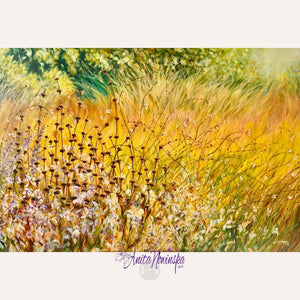 gine art print of understanding is a beautiful garden border painting in autumn with grasses, gaura and Phlomis flowers and seed heads