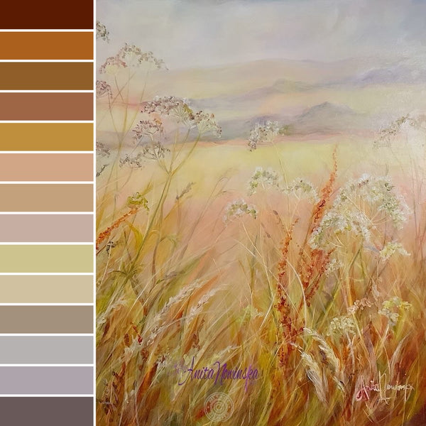original meadow painting at golden hour by anita nowinska art soft warm tones of peach auburn amber and blue colour palette