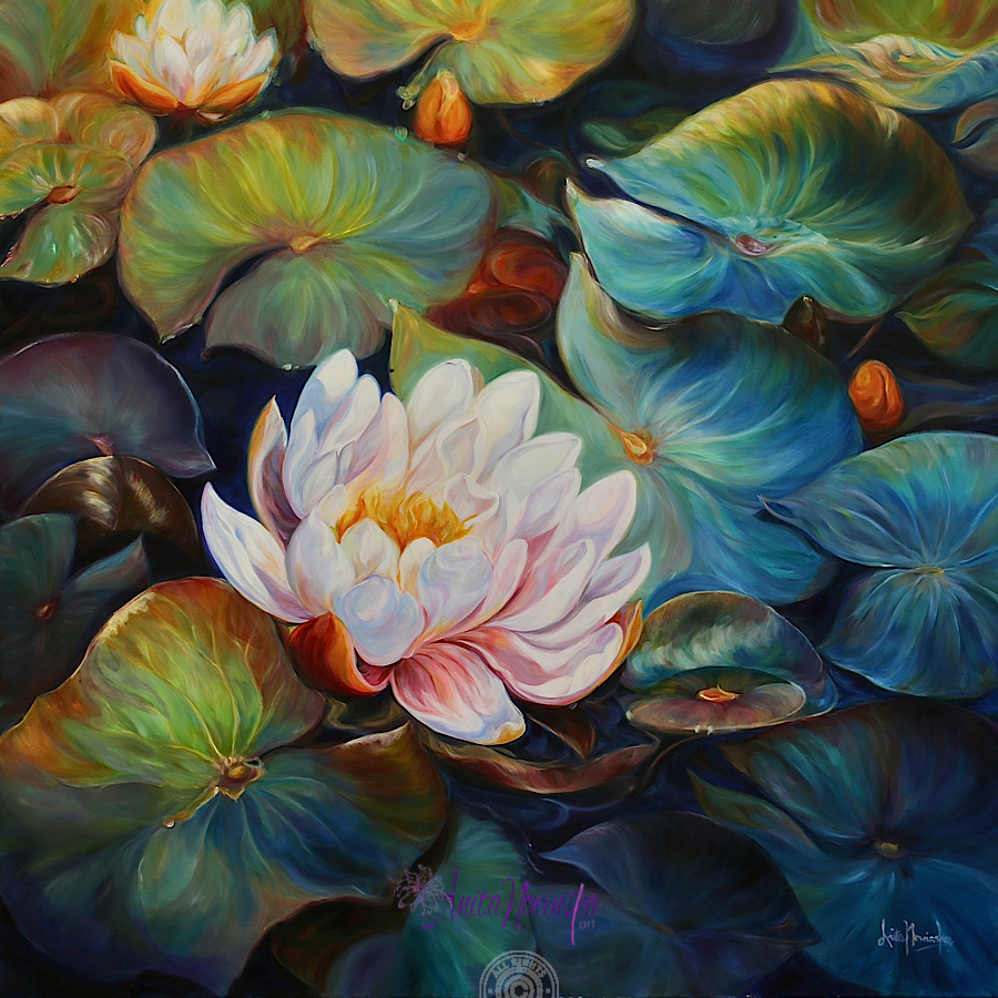 waterliles waterlily pond big flower painting by Anita Nowinska