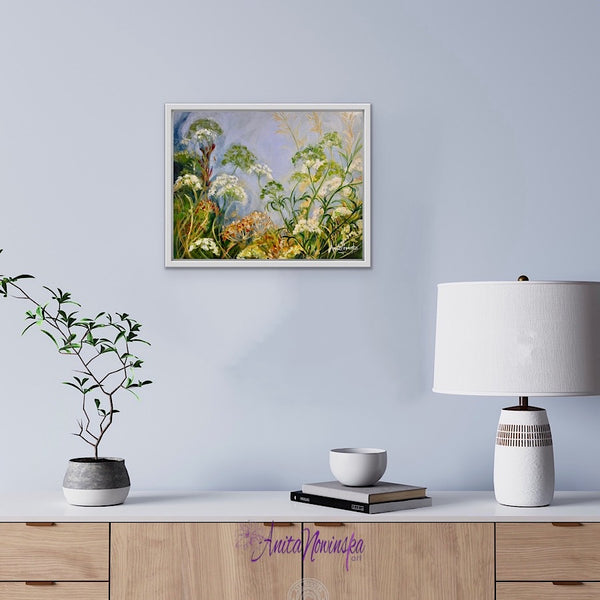 whispers is a small original oil painting of wild flowers cow parsley alexanders and grasses in blue grey white green and gold tones by Anita Nowinska.JPEG