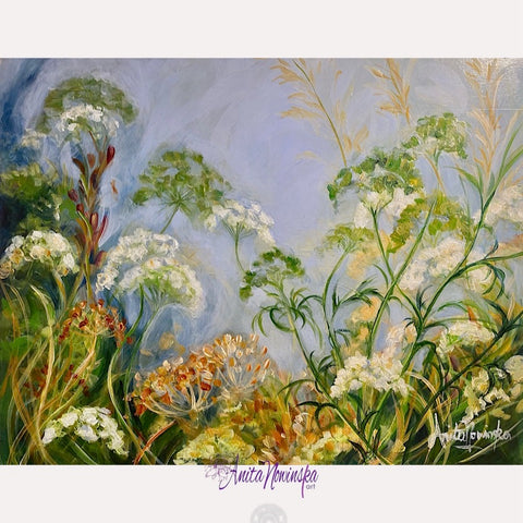 whispers is a small original oil painting of wild flowers cow parsley alexanders and grasses in blue grey white green and gold tones by Anita Nowinska.JPEG