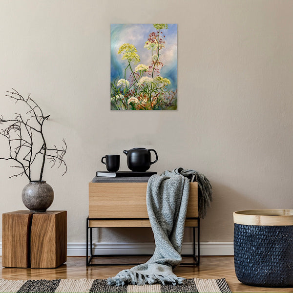 wildflower hedgerow painting with cow parsley in tones of green white magenta on a blue sky by anita nowinska for interior decor art