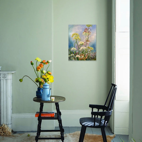 wildflower hedgerow painting with cow parsley in tones of green white magenta on a blue sky by anita nowinska for interior decor art