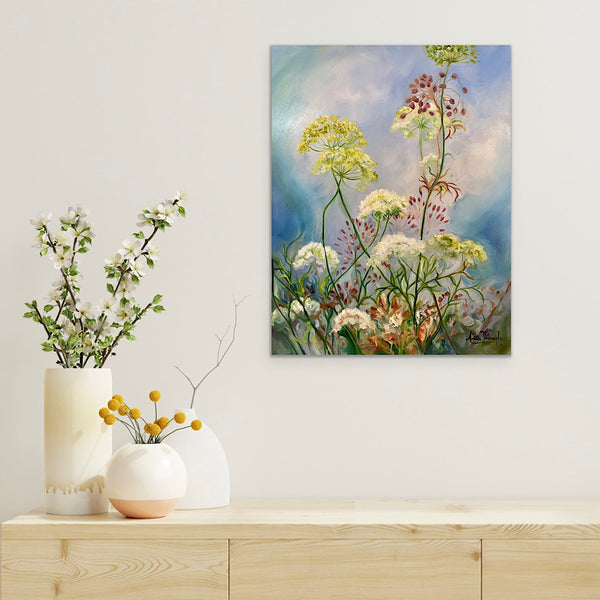 wildflower hedgerow painting with cow parsley in tones of green white magenta on a blue sky by anita nowinska for interior decor art