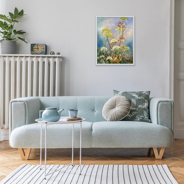 wildflower hedgerow painting with cow parsley in tones of green white magenta on a blue sky by anita nowinska for interior decor art