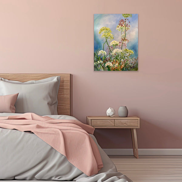 wildflower hedgerow painting with cow parsley in tones of green white magenta on a blue sky by anita nowinska for interior decor art