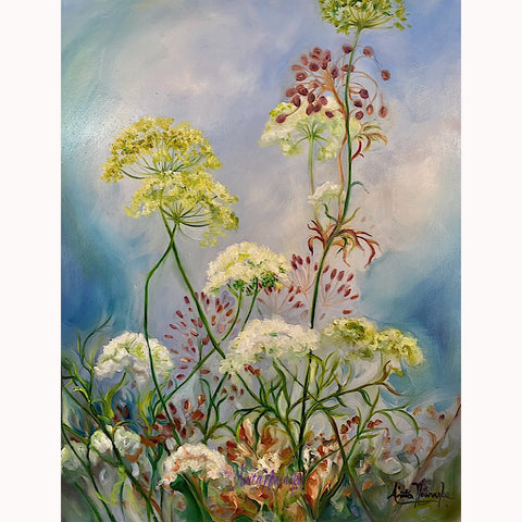 wildflower hedgerow painting with cow parsley in tones of green white magenta on a blue sky by anita nowinska for interior decor art