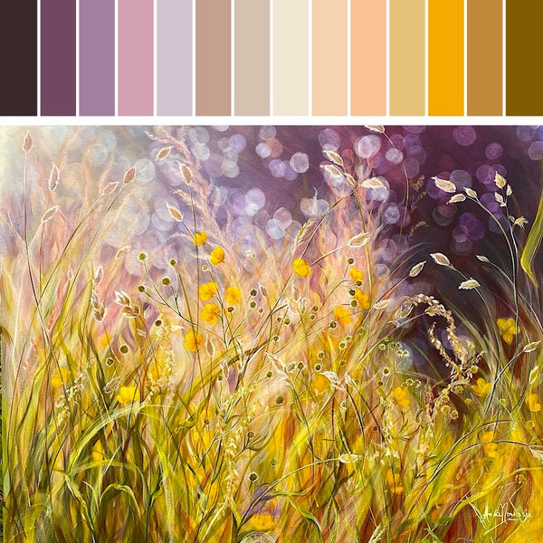 purple gold and yellow wild flower meadow painting with grasses and buttercups by anita nowinska