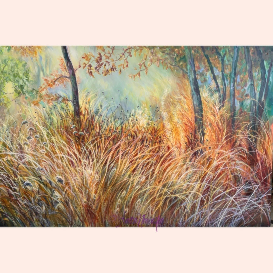 wild garden meadow painting with autumn grasses seeds and trees by anita nowinska
