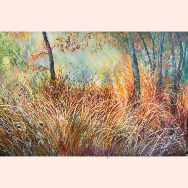 wild garden meadow painting with autumn grasses seeds and trees by anita nowinska