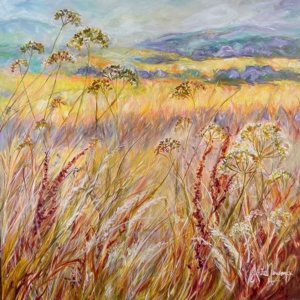 Painting of a field with tall grass and wildflowers under a colorful sky.