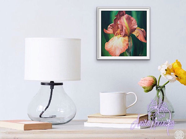 framed print of flower painting of peach iris by Anita Nowinska