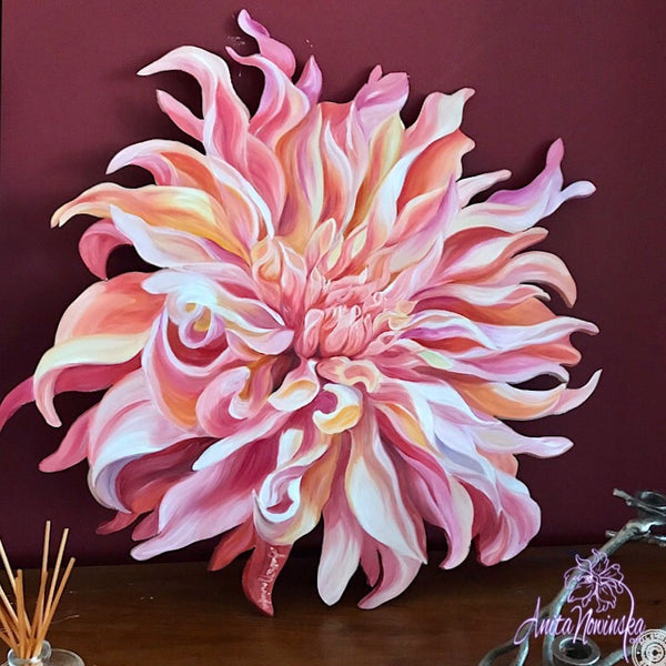 Freeform cut out oil painting on board of peach labyrinth dahlia. Interior decor wall art