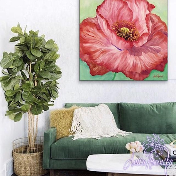 bright red poppy flower painting by Anita Nowinska wall art