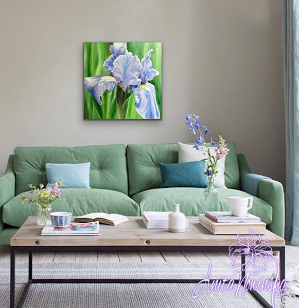 Soft pale blue iris flower painting in oil on canvas by Anita Nowinska as part of the big flower paintings collection