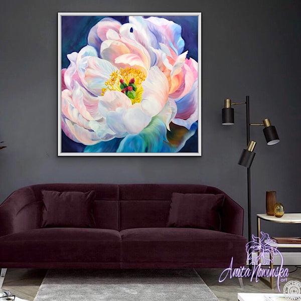 Big flower painting, oil on canvas of peony flower in full bloom by Anita Nowinska