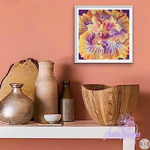 framed print of orange & purple hibiscus flower painting by Anita Nowinska