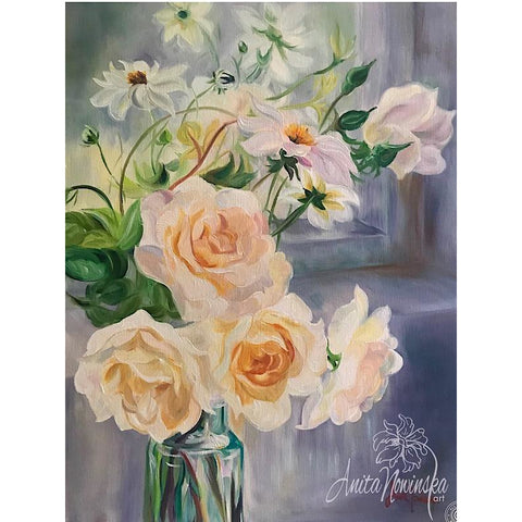 Delicate still life flower painting of pale peach roses and Dahlias in a glass bottle by a windowsill by Anita Nowinsak