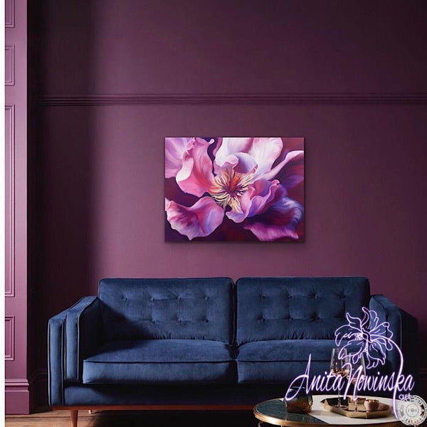 Sensation- Big flower painting of cerise pink magnolia grandiflora by Anita Nowinska
