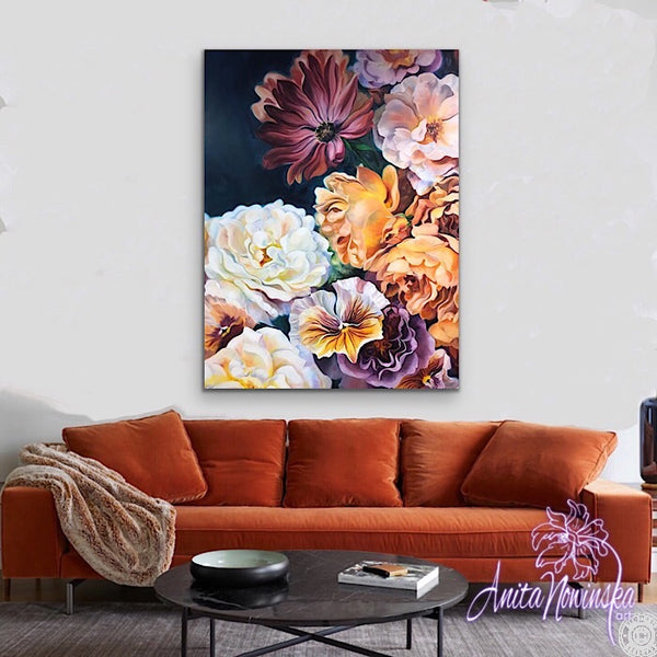 'Abundance' big flower painting of a summer flower bouquet with roses, cosmos and pansies in oil on canvas, floral interior wall decor