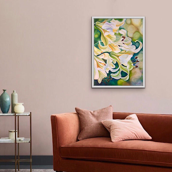 flower painting of white lilies on green by Anita Nowinska