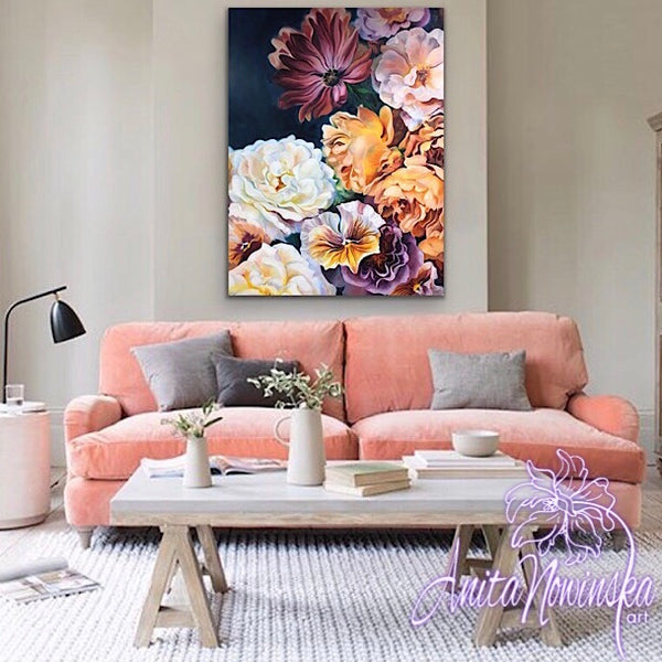 'Abundance' big flower painting of a summer flower bouquet with roses, cosmos and pansies in oil on canvas, floral interior wall decor