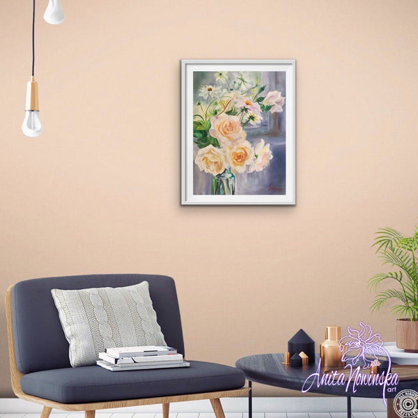 A3 limited edition framed print Delicate still life flower painting of pale peach roses and Dahlias in a glass bottle by a windowsill by Anita Nowinsak