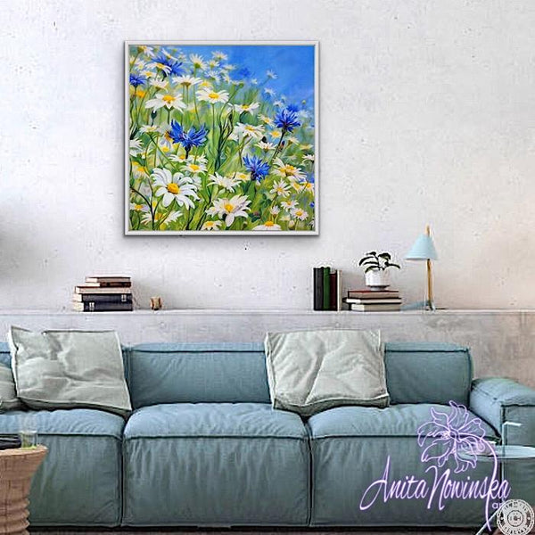 meadow flower painting with daisies & cornflowers Anita Nowinska