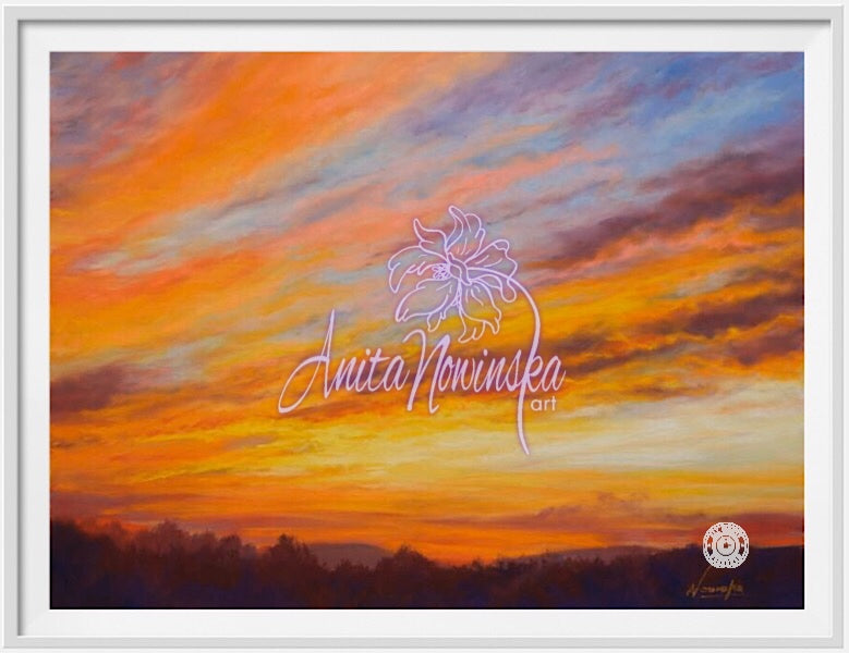 Framed print of blazing orange sunset painting