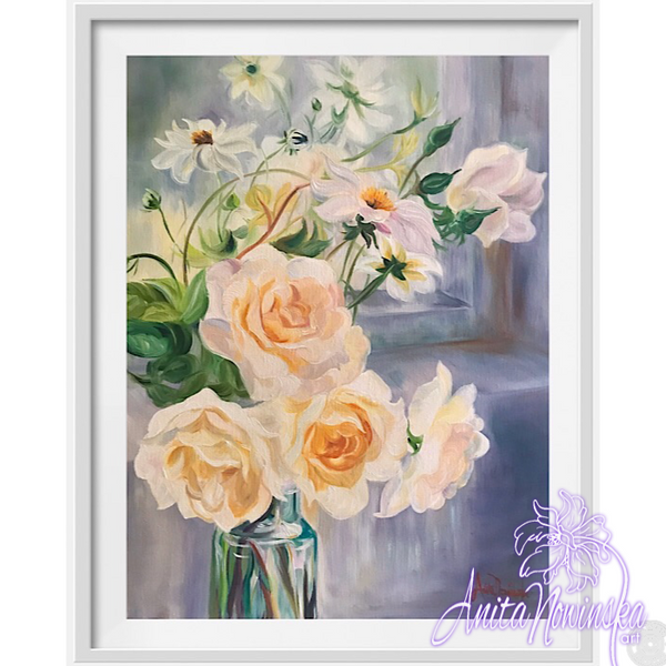 Limited edition print of Delicate still life flower painting of pale peach roses and Dahlias in a glass bottle by a windowsill by Anita Nowinsak