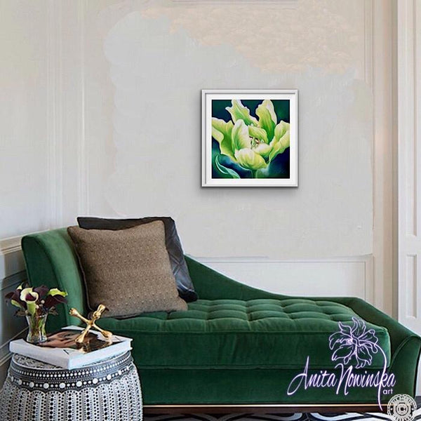 Spring Joy- Bright green tulip, flower painting by Anita Nowinska