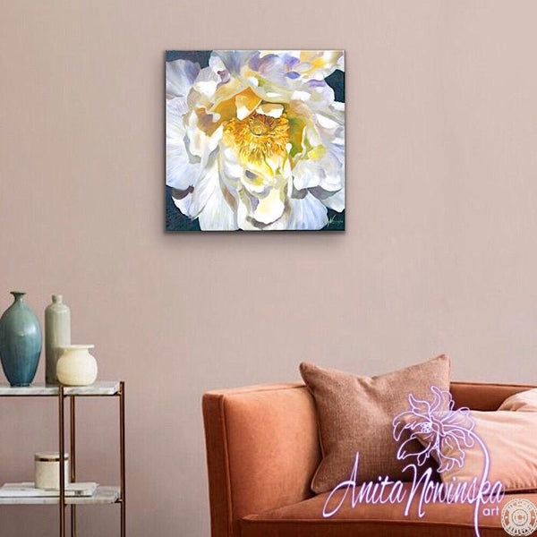 flower painting of white peony in oil on canvas by Anita Nowinska