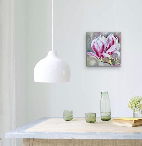oil on canvas of pink & white magnolia flower painting by Anita Nowinska