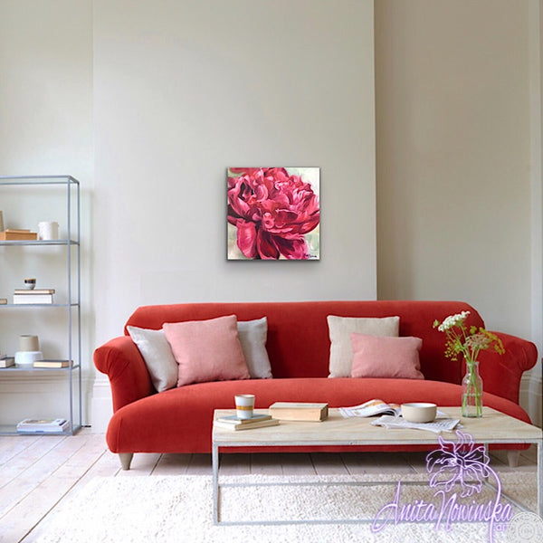 oil on canvas of red peony on pale green by Anita Nowinska