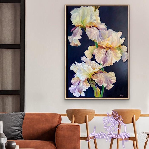 Flower painting of irises oil on canvas by Anita Nowinska
