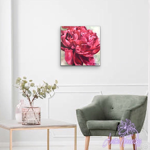 Beautiful oil painting of deep red peony on a pale green background, flower painting by Anita Nowinska for interior wall decor